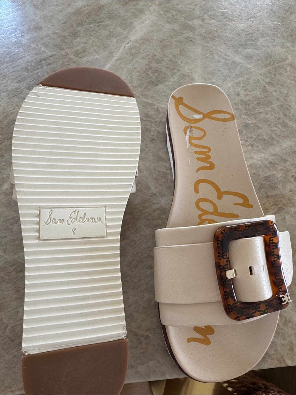 Sam Edelman Ivory Slide Sandals with Tortoiseshell Buckles-Never Worn - Picture 2 of 2